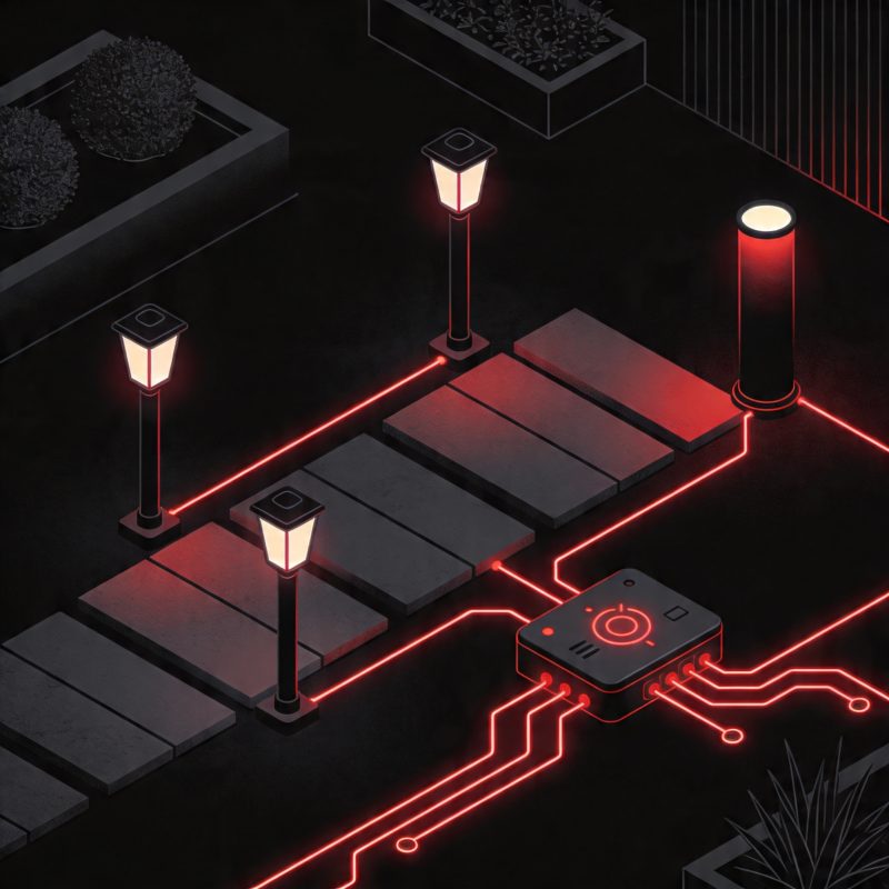 Professional landscape lighting with pathway lights and garden accent fixtures at dusk