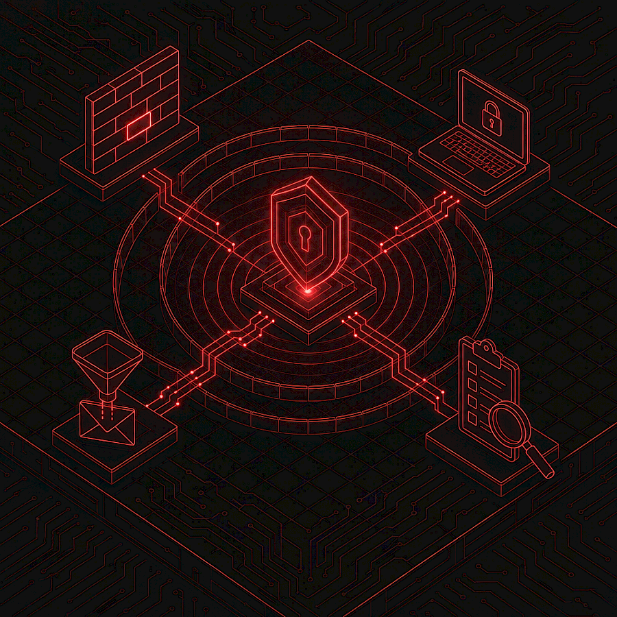 Isometric line-art illustration of a layered cybersecurity defense with a glowing red shield surrounded by firewall, endpoint, email filter, and assessment elements.