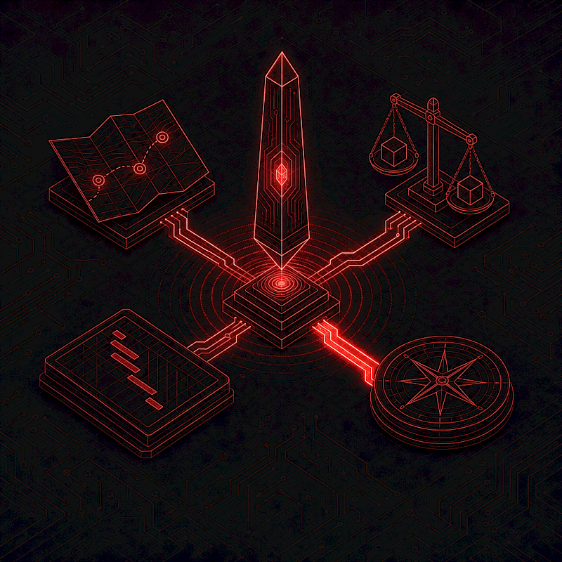 Isometric line-art illustration of an IT strategy command center with a glowing red beacon, roadmap, balance scale, project chart, and compass.