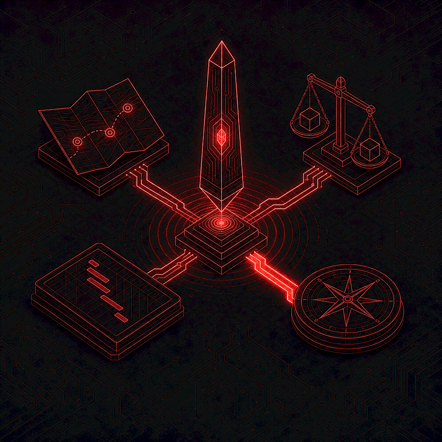 Isometric line-art illustration of an IT strategy command center with a glowing red beacon, roadmap, balance scale, project chart, and compass.