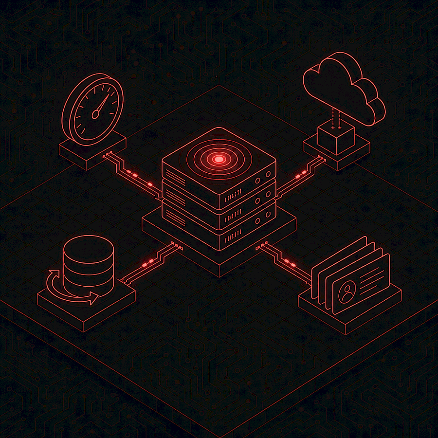 Isometric line-art illustration of a managed IT control plane with a glowing red server stack, monitoring gauge, hybrid cloud, backup recovery, and support tickets.