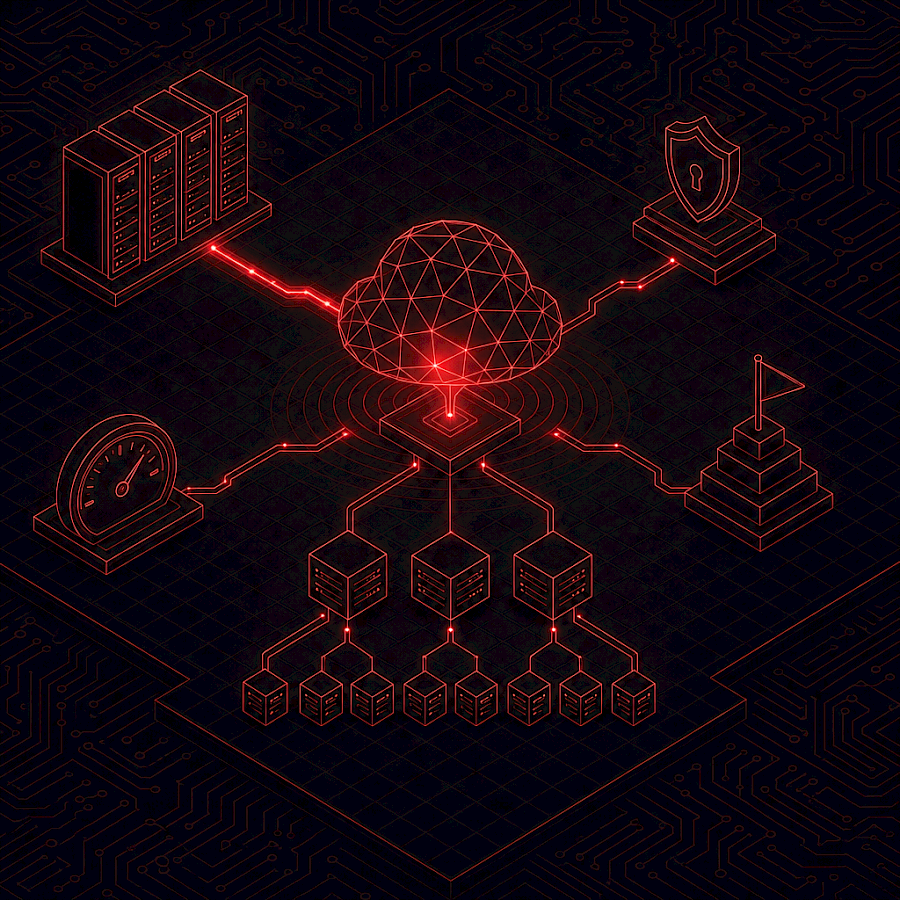 Isometric line-art illustration of a cloud migration roadmap with a glowing red cloud-sphere connected to on-prem servers, a security shield, a pilot waypoint, and a cost gauge.