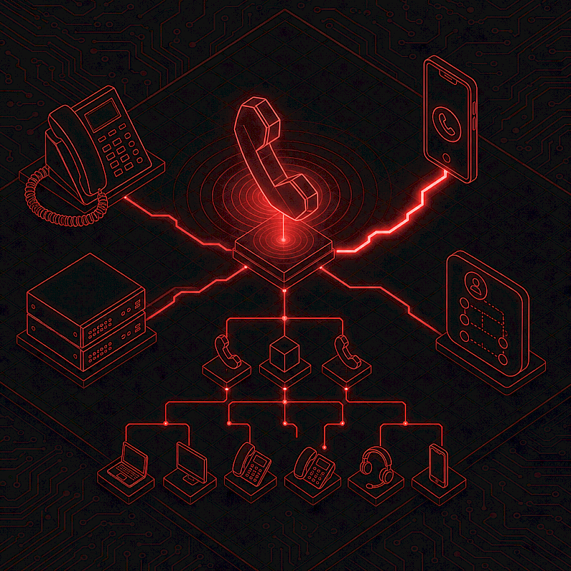 Isometric line-art illustration of a unified telephony platform with a glowing red telephone receiver linked to a desk phone, a softphone-equipped smartphone, a PBX rack, and an auto-attendant menu.
