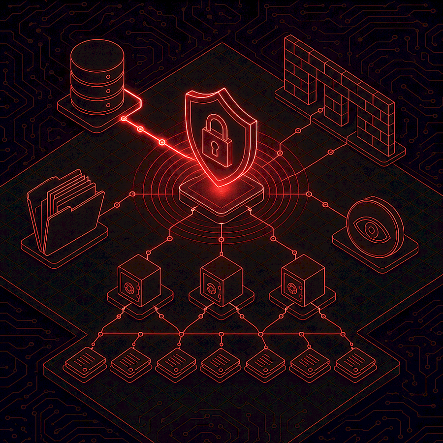 Isometric line-art illustration of a data protection scene with a glowing red shield-and-padlock surrounded by a database stack, a segmented firewall, a records folder, and an audit-log magnifier.