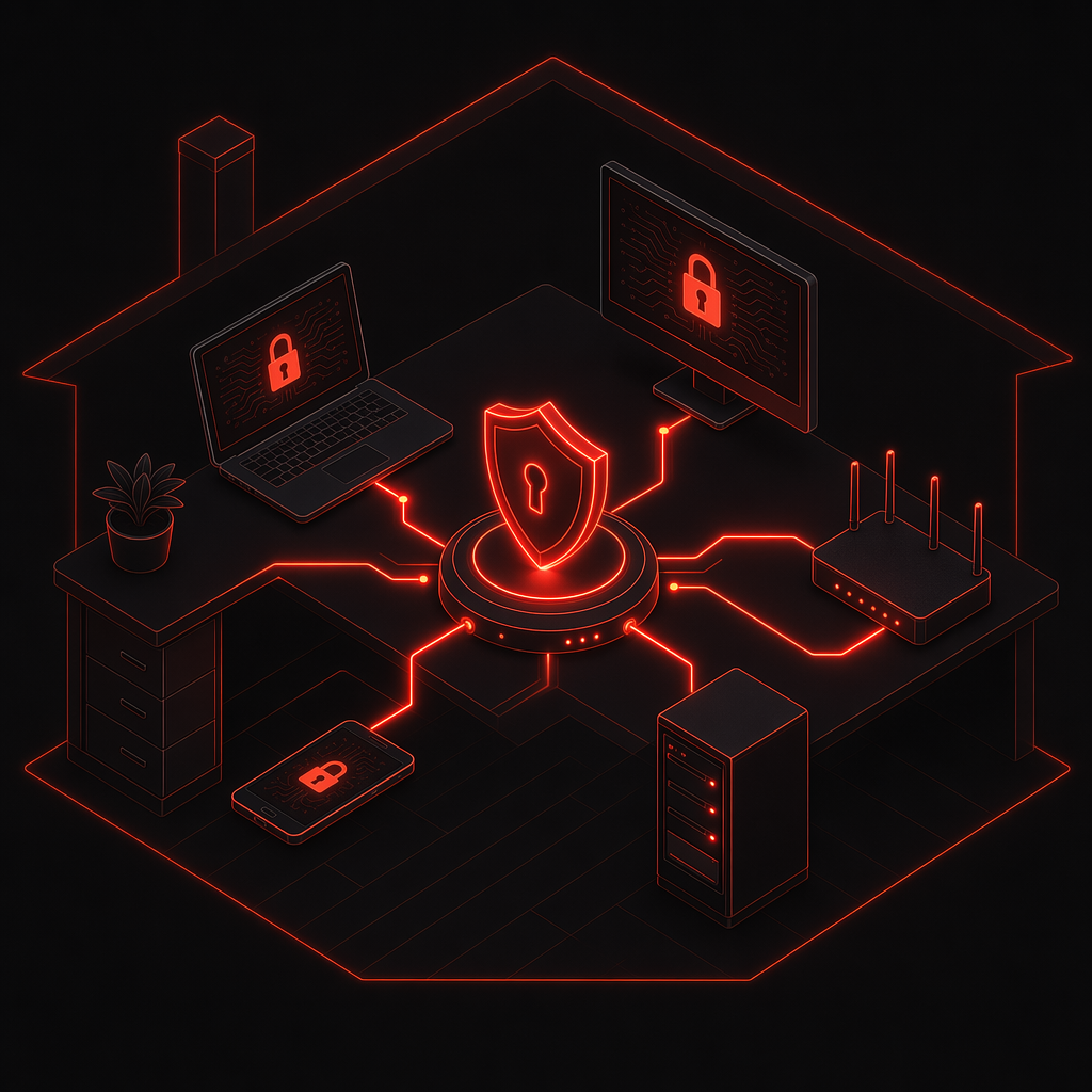 Executive home office with secure network, ergonomic workstation, and backup infrastructure