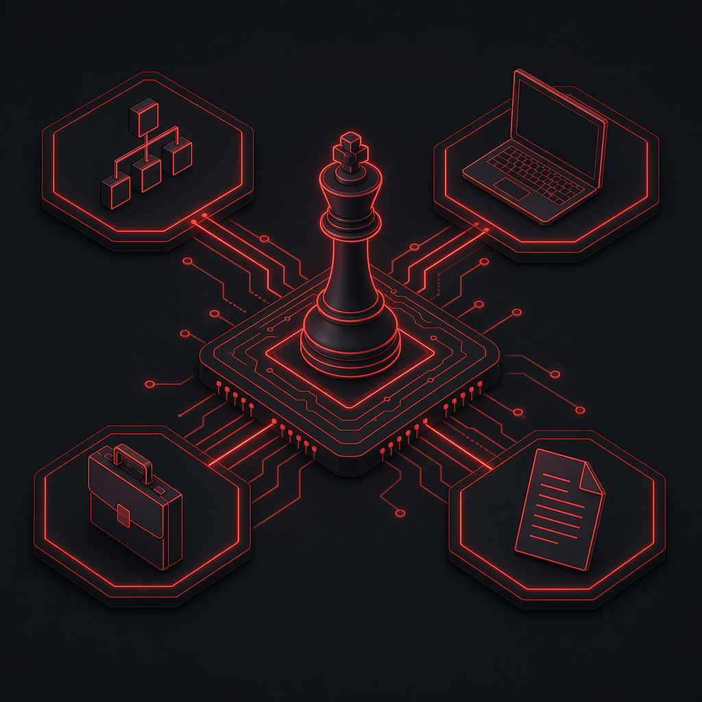 Strategic IT leadership concept with roadmap, org chart, and advisory planning elements