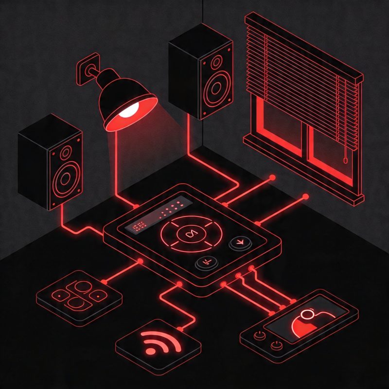 Smart home control panel with connected lighting, audio, and climate automation