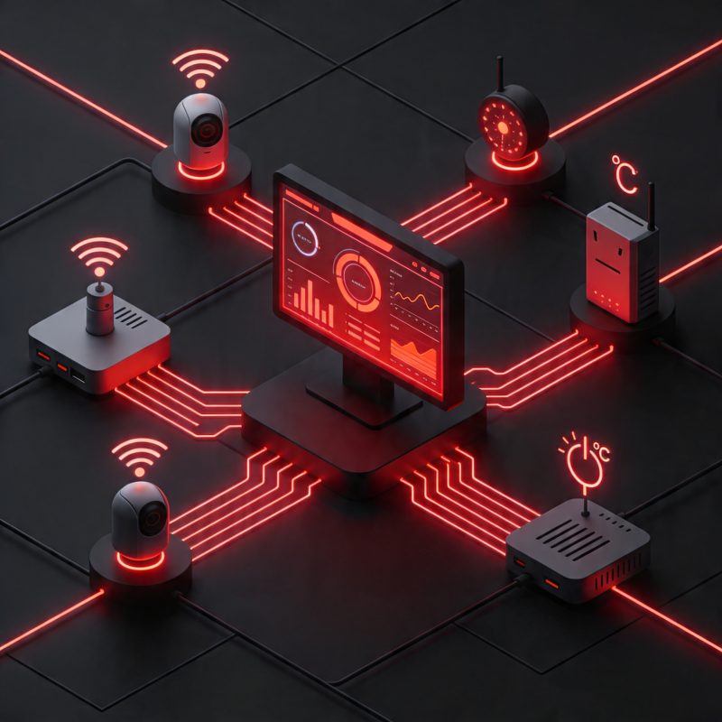 IoT wireless sensors and monitoring gateway connected to facility management dashboard