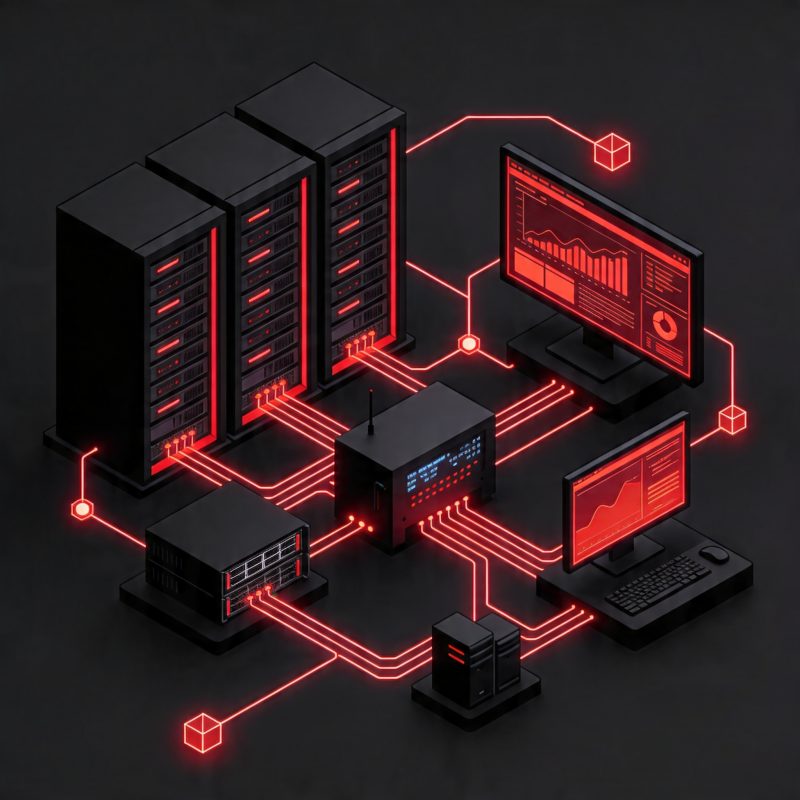Network operations center with server monitoring and IT management dashboards