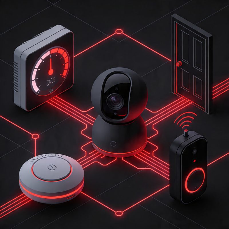 Nest smart home ecosystem with thermostat, cameras, and smoke detector connected