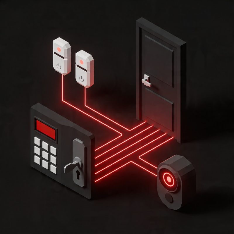 Smart home alarm panel with door sensors, smart locks, and security monitoring