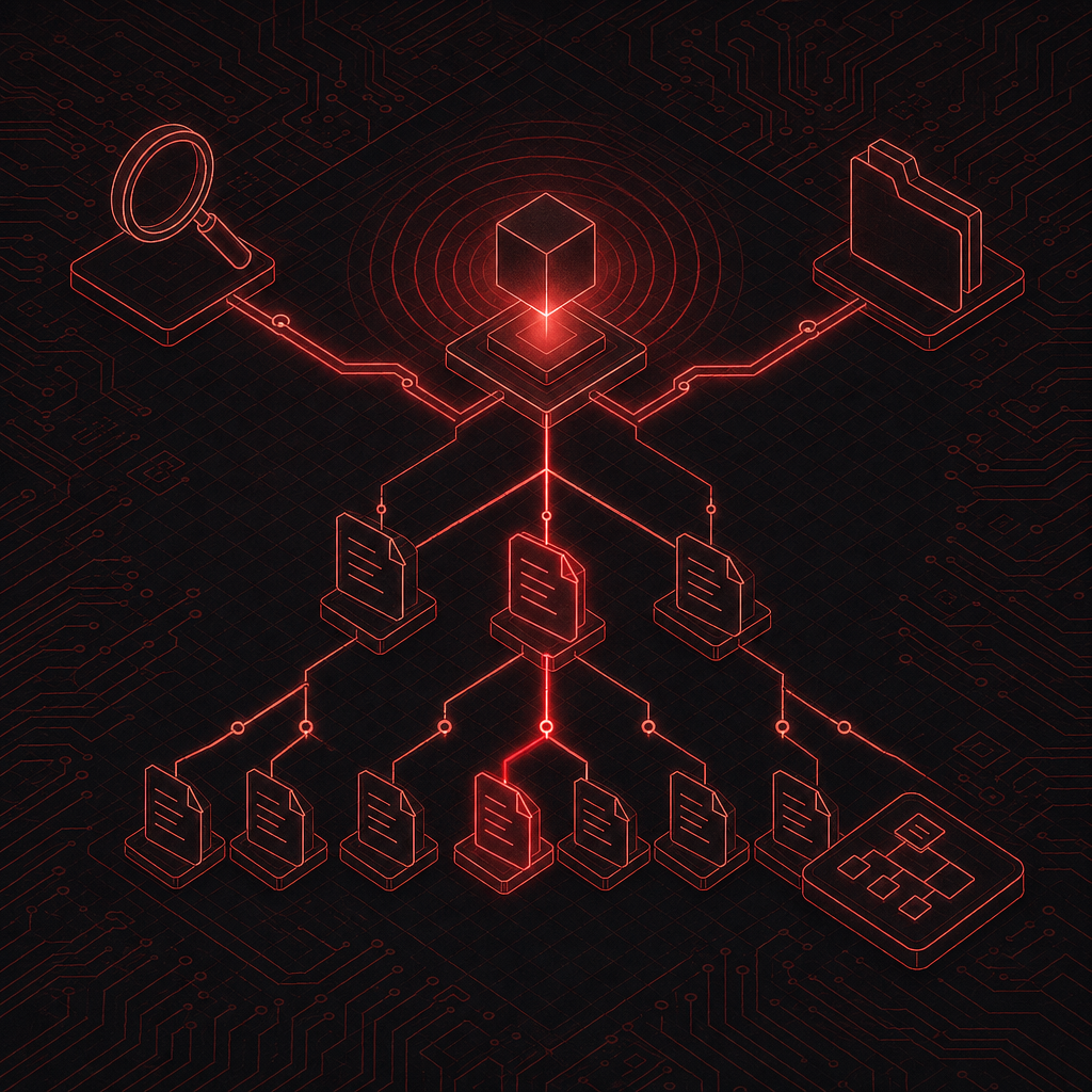Isometric illustration of website architecture with branching tree of page nodes connected by red traces