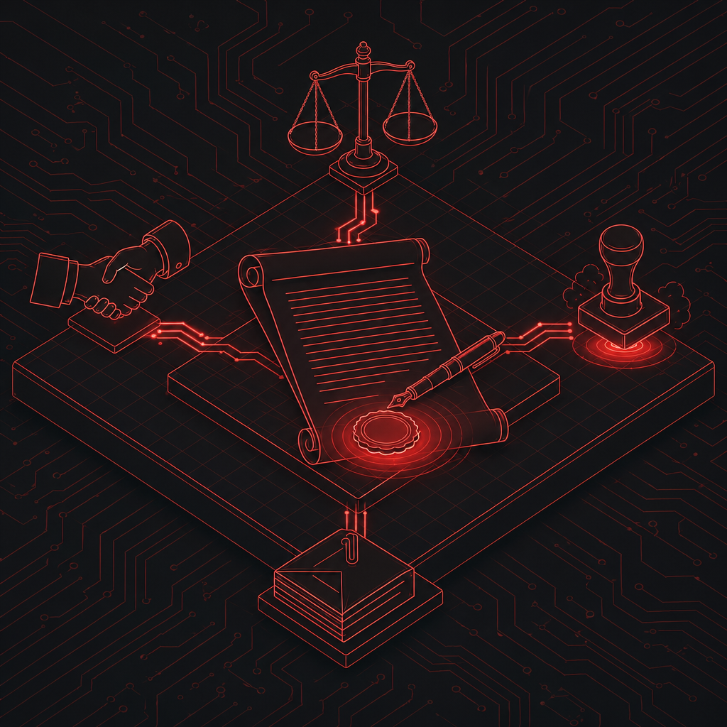 Isometric illustration of legal agreement with scroll, fountain pen, justice scales, and notary stamp